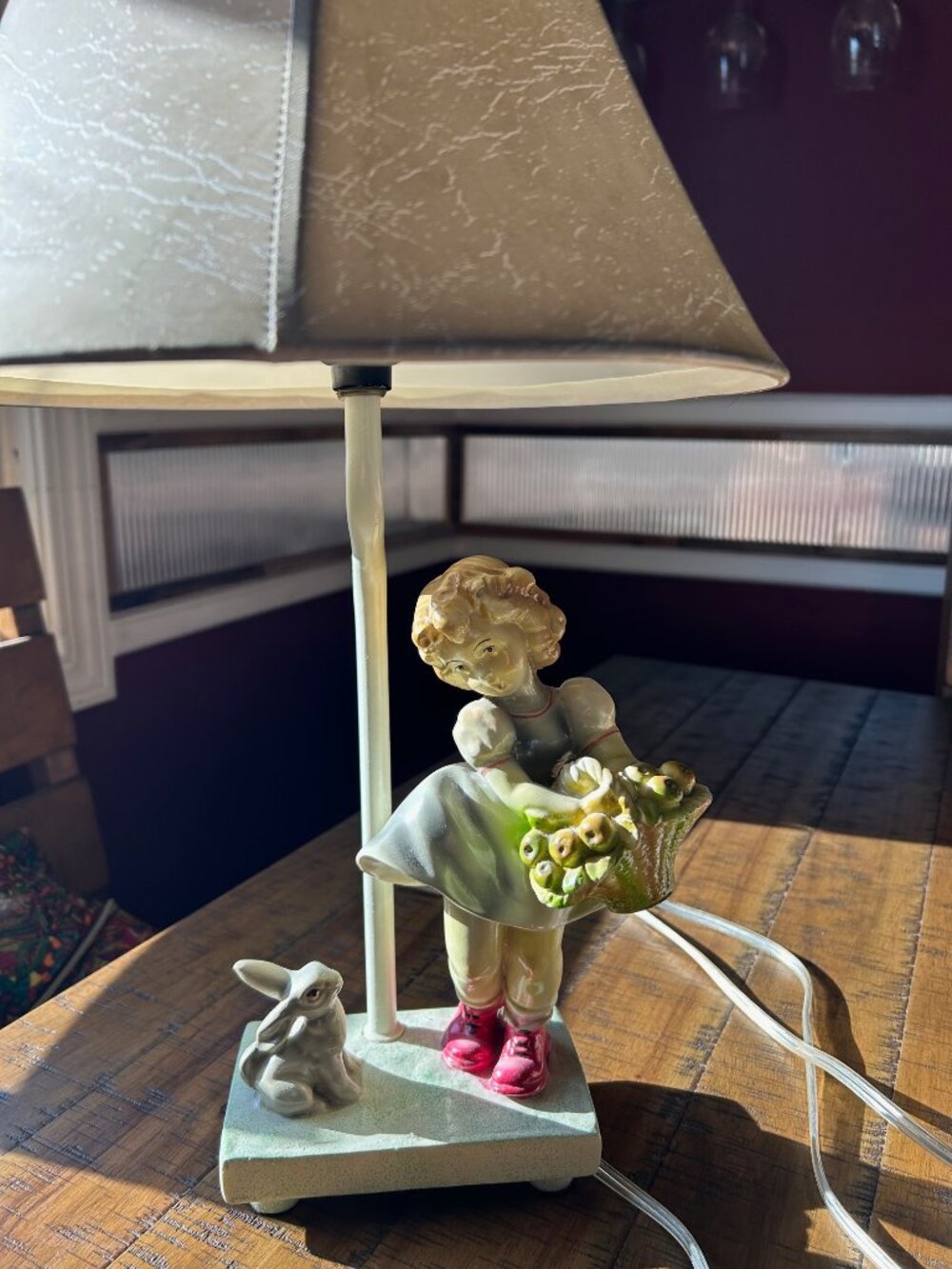 Vintage Apple Basket  Girl & Rabbit Table   Lamp  ceramic    girl holding basket - Picture 3 of 12